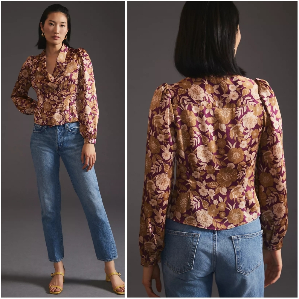 Favorite Daughter Rani Floral Long Sleeve Blouse XL Purple Gold Tan